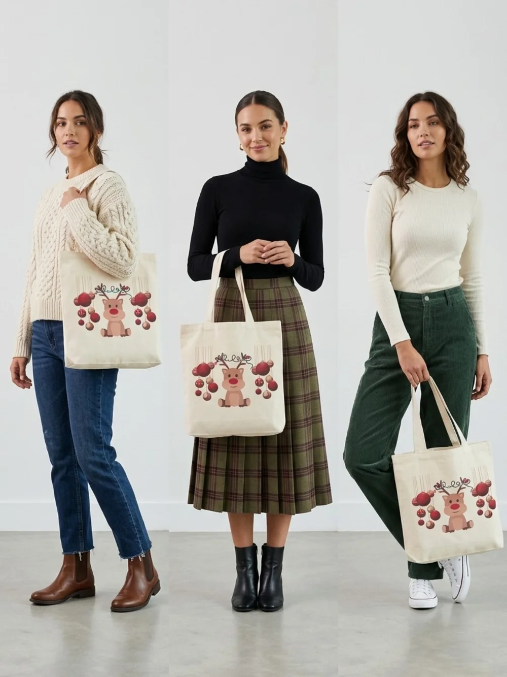 Canvas Holiday Reindeer Tote Bag  With Music When You Scan Qr On Bag,Cream